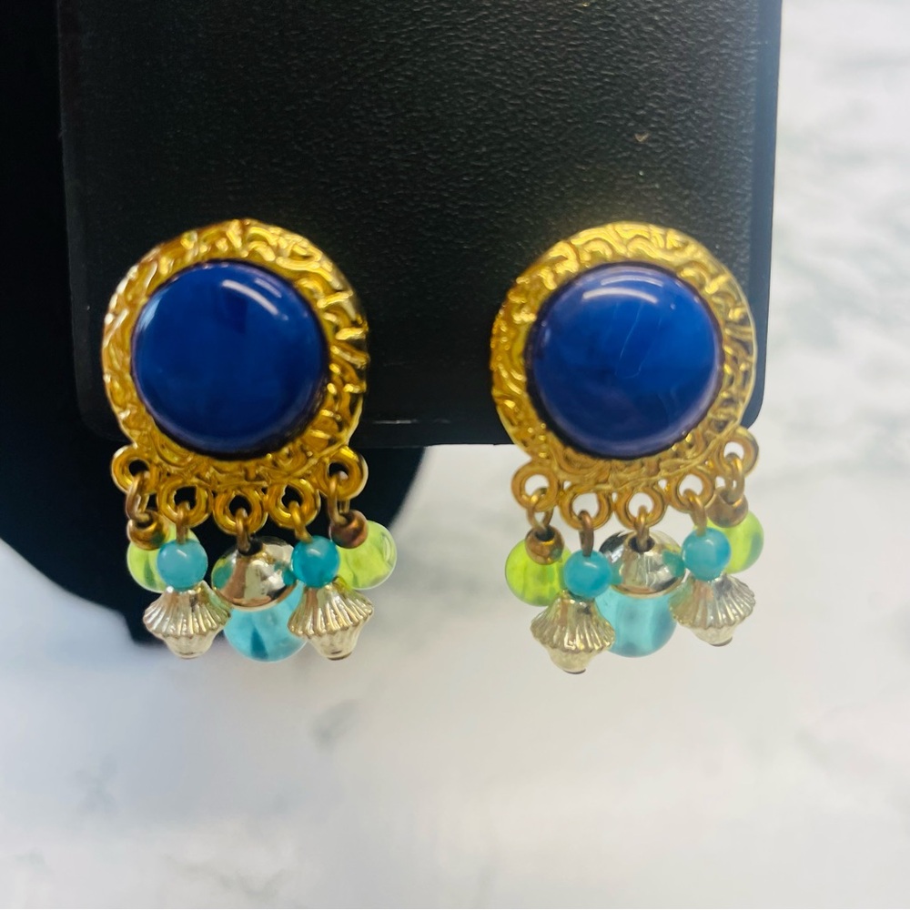Mid century modern Elegant Blue and Gold Dangle Earrings Clip on